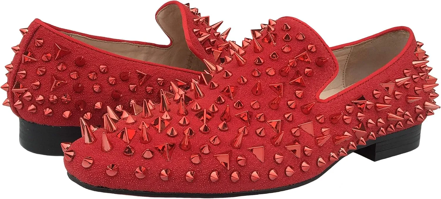 Justar Men's Leather Spikes Loafers Studded Dress Shoes Slip-on Flats Long Rivet Party Shoes