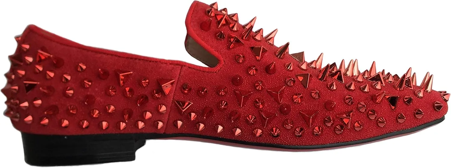 Justar Men's Leather Spikes Loafers Studded Dress Shoes Slip-on Flats Long Rivet Party Shoes