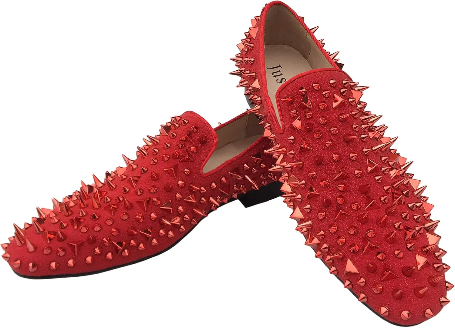 Justar Men's Leather Spikes Loafers Studded Dress Shoes Slip-on Flats Long Rivet Party Shoes