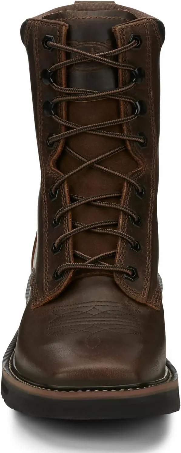Justin Pulley 8" Work Boots for Men - Square Toe Full-Grain Leather Upper with Oil- and Slip-Resistant Rubber Outsole, EH-Rated