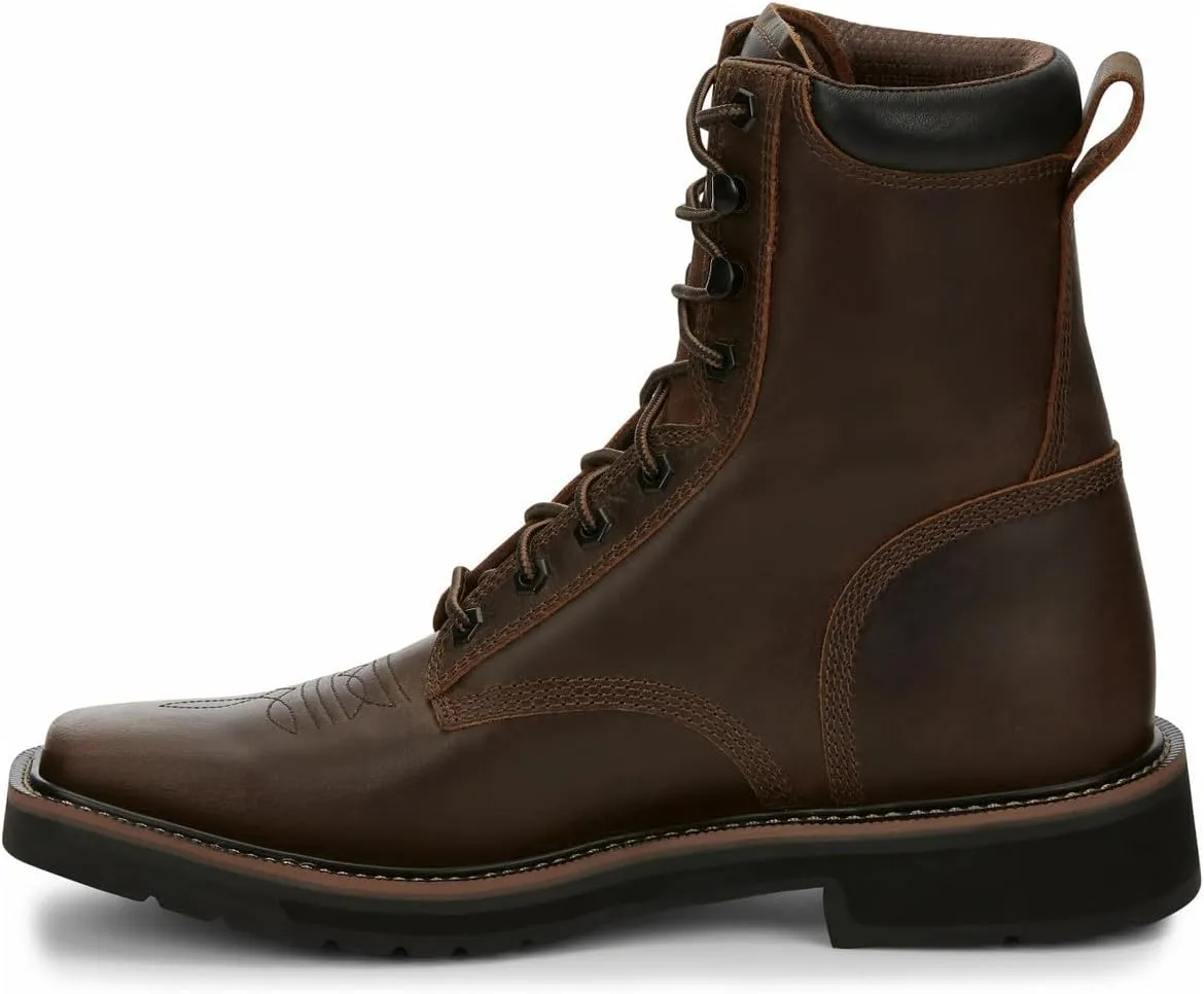 Justin Pulley 8" Work Boots for Men - Square Toe Full-Grain Leather Upper with Oil- and Slip-Resistant Rubber Outsole, EH-Rated