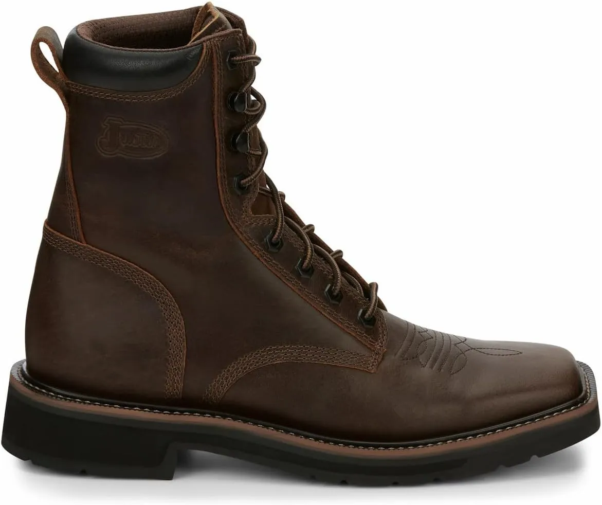 Justin Pulley 8" Work Boots for Men - Square Toe Full-Grain Leather Upper with Oil- and Slip-Resistant Rubber Outsole, EH-Rated