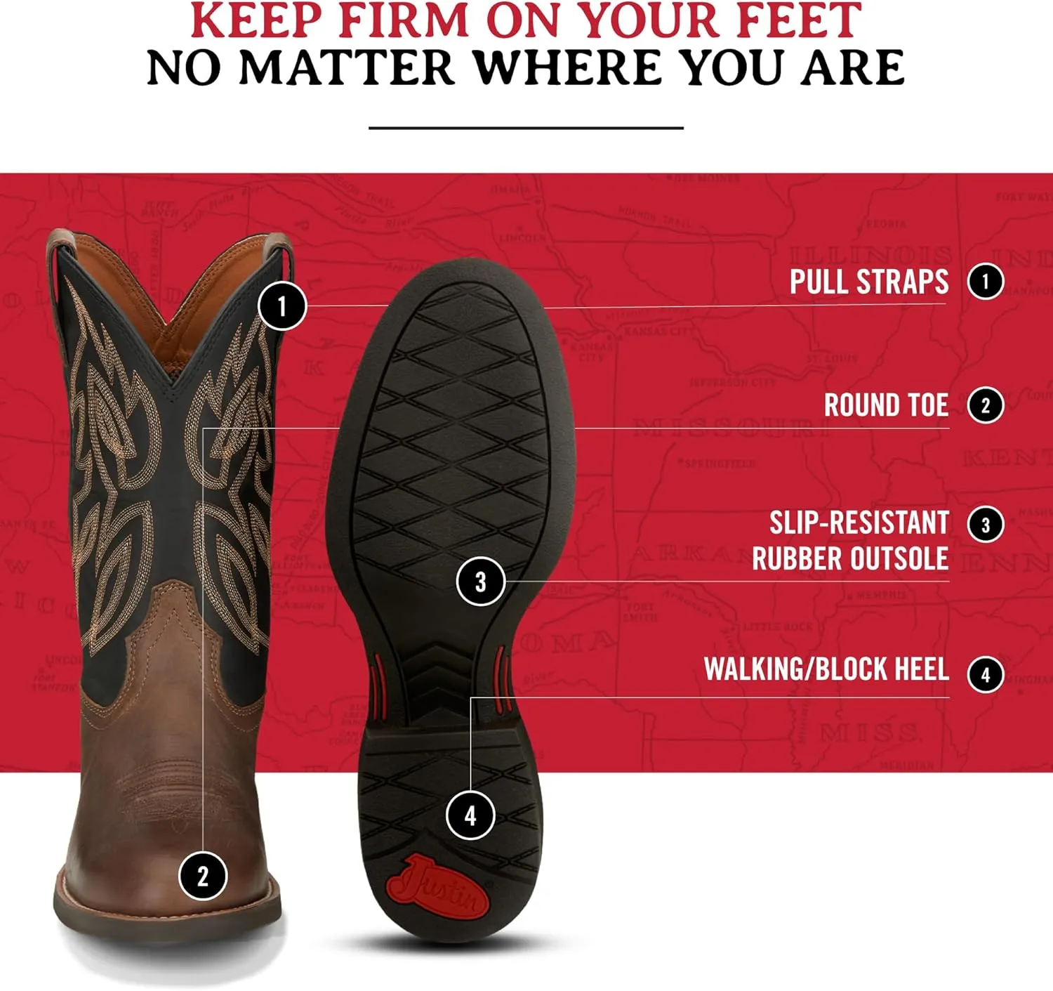 Justin Rendon 11" Western Boot - Men's Round Toe, Cowhide, Removable Orthotic Insole, Slip-Resistant Rubber Outsole
