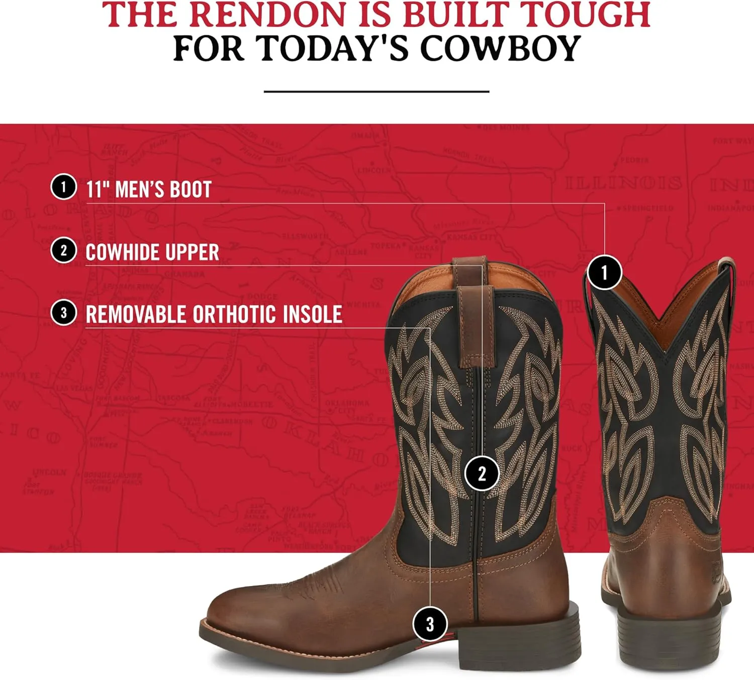 Justin Rendon 11" Western Boot - Men's Round Toe, Cowhide, Removable Orthotic Insole, Slip-Resistant Rubber Outsole