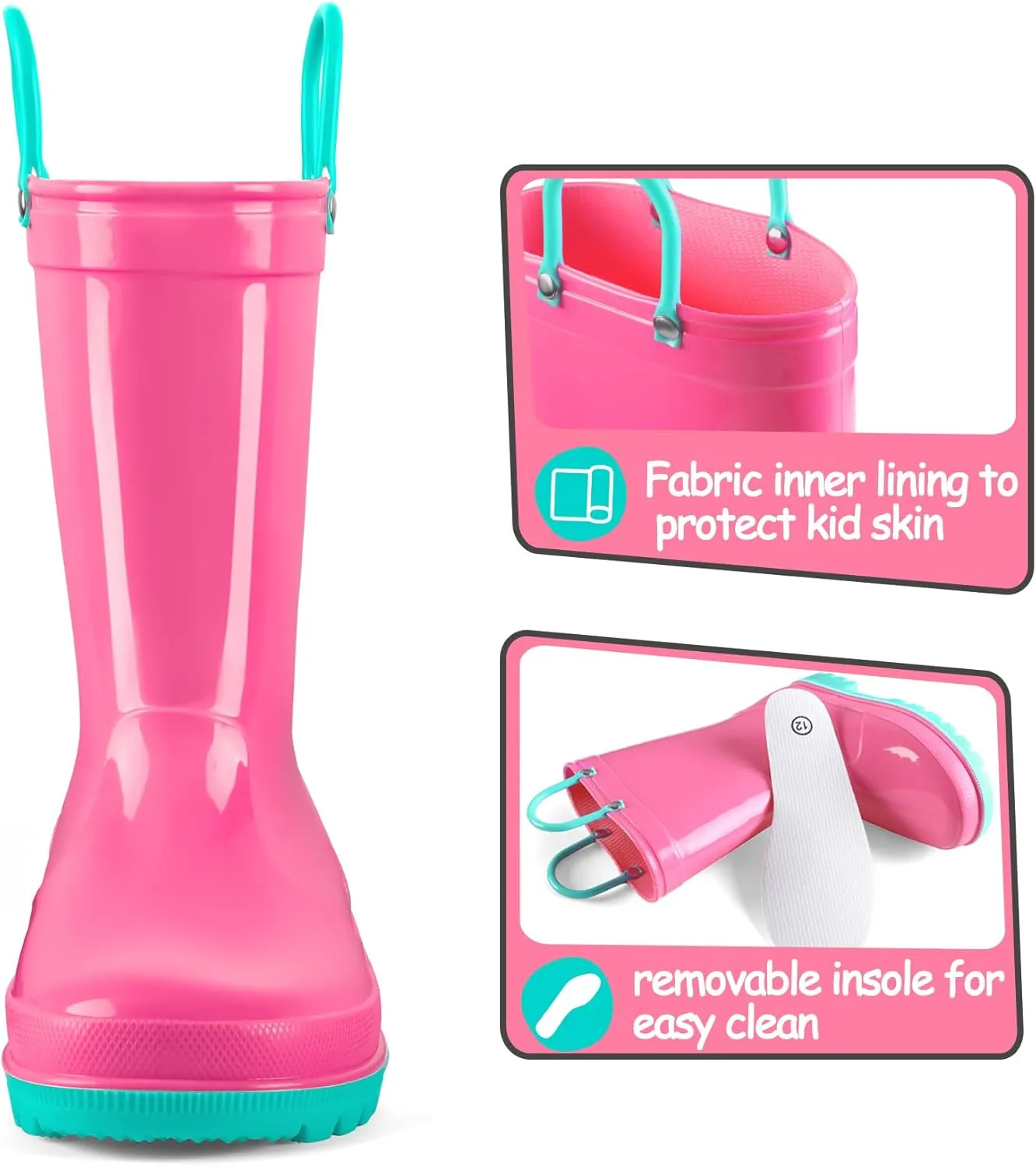 K KomForme Kids Girls & Boys Rain Boots with Easy-on Handles Waterproof Outdoors