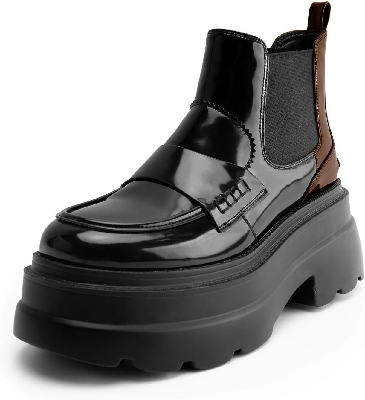 KaroNairy Platform Ankle Boots for Women Chelsea Boots Round Toe Chunky Heel Slip on Lug Sole Short Boots Black