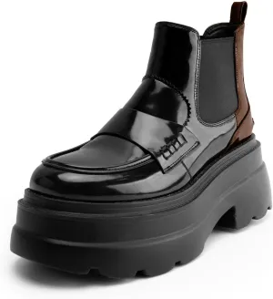 KaroNairy Platform Ankle Boots for Women Chelsea Boots Round Toe Chunky Heel Slip on Lug Sole Short Boots Black