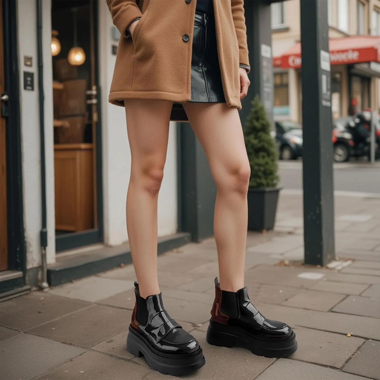 KaroNairy Platform Ankle Boots for Women Chelsea Boots Round Toe Chunky Heel Slip on Lug Sole Short Boots Black