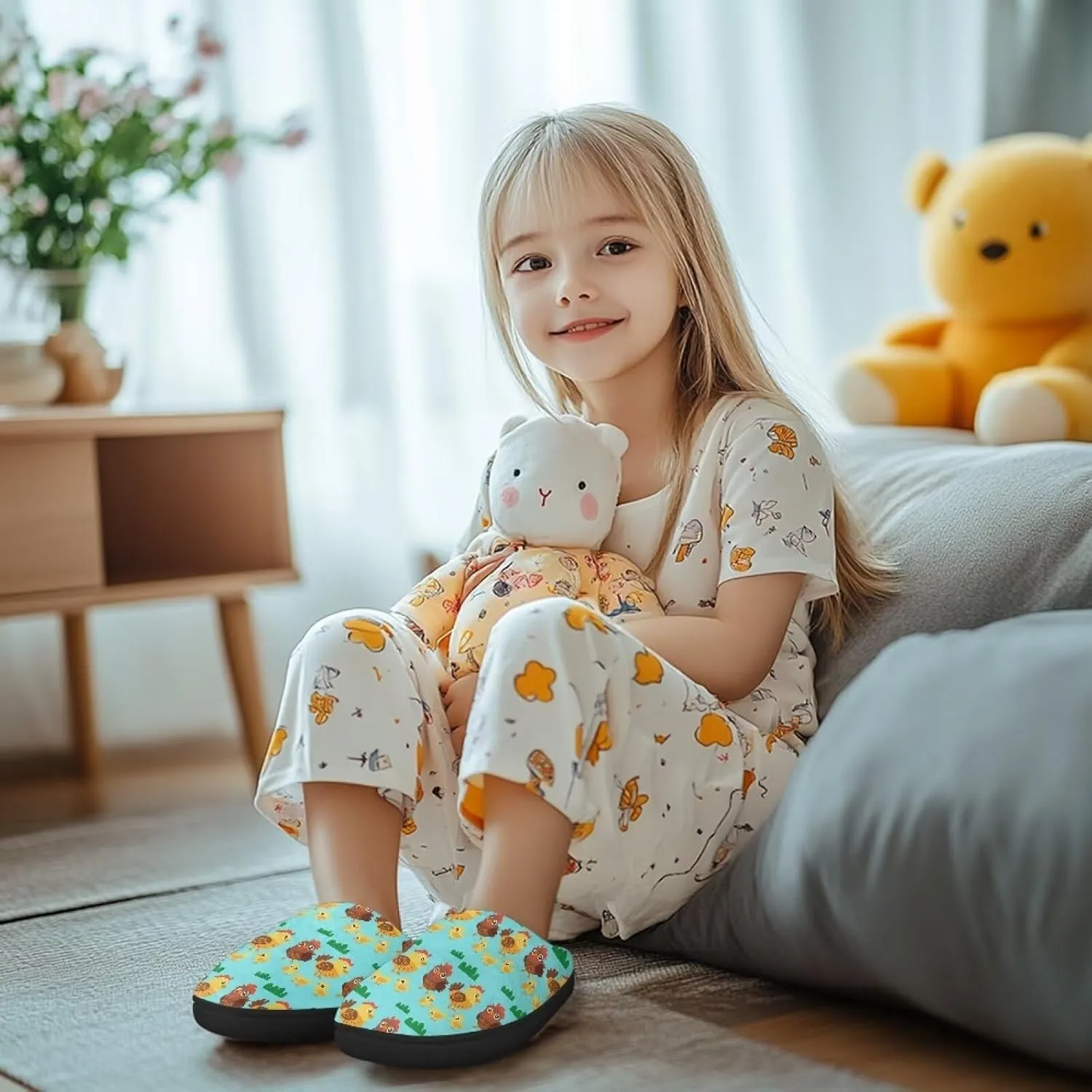 Kids Fuzzy Warm House Slippers for Girls Non Slip Rubber Sole Home Slippers for Toddlers Size 9-15
