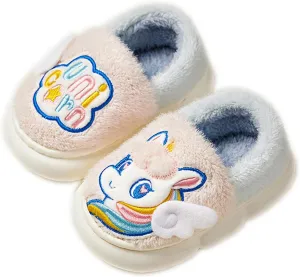 Kids Warm Slippers for House : Fur Lined Cartoon Animal Winter Indoor Slippers for Toddler Boys Girls Cute Fluffy Slip On Non-slip Shoes