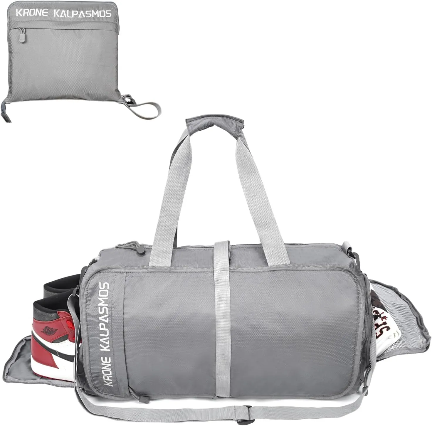 Krone Kalpasmos Small Gym Bag, Gym Bag for Men/Women with Shoe Compartment, Foldable Sports Duffel Bag, Gym Shoe Bag, Lightweight, Waterproof, Grey