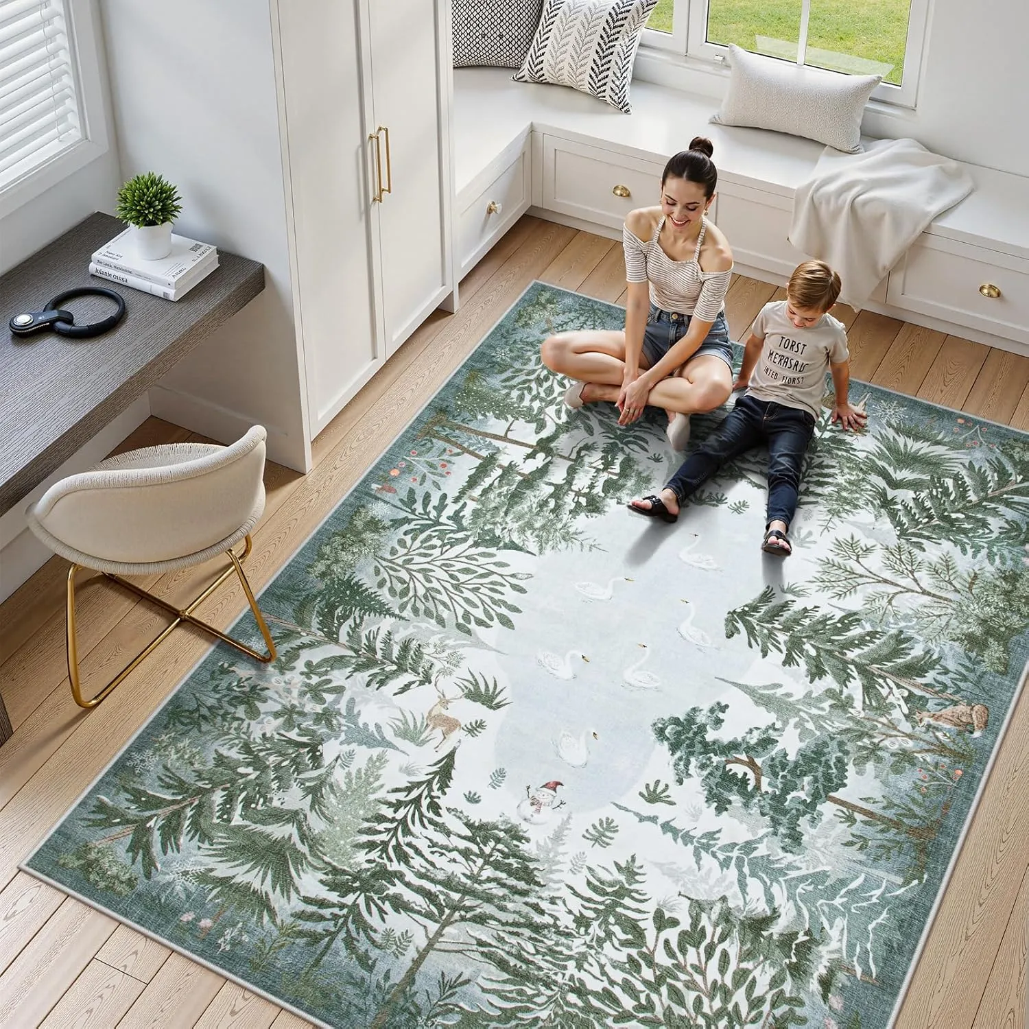 Lahome Winter Jungle 8x10 Rugs for Living Room, Washable Area Rugs 8x10 Dining Room Rug, Large Soft Bedroom Carpet Winter Forest Non Slip Non Shedding Indoor Carpet for Office Room Decor