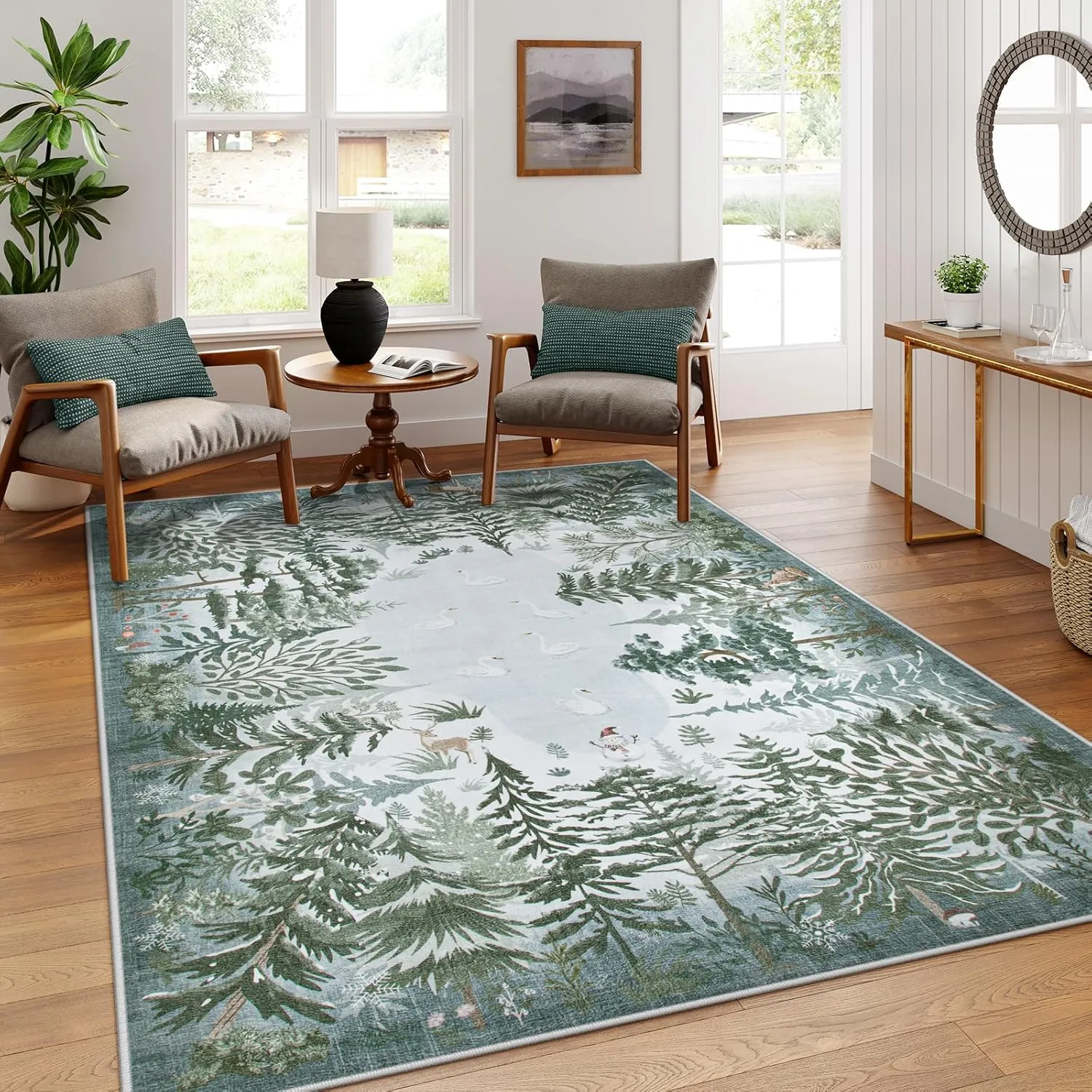 Lahome Winter Jungle 8x10 Rugs for Living Room, Washable Area Rugs 8x10 Dining Room Rug, Large Soft Bedroom Carpet Winter Forest Non Slip Non Shedding Indoor Carpet for Office Room Decor