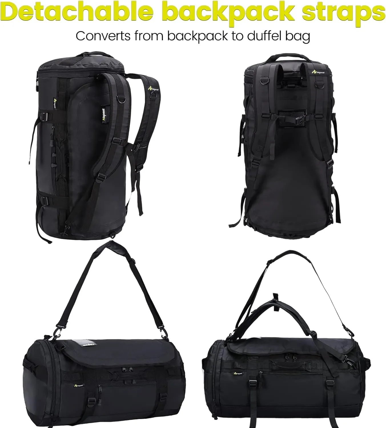 Large Duffel Backpack Bag, 3-Way Water Resistant Gym Duffle Bag with Shoe Compartment for Sports Workout Travel (Black, 60L)