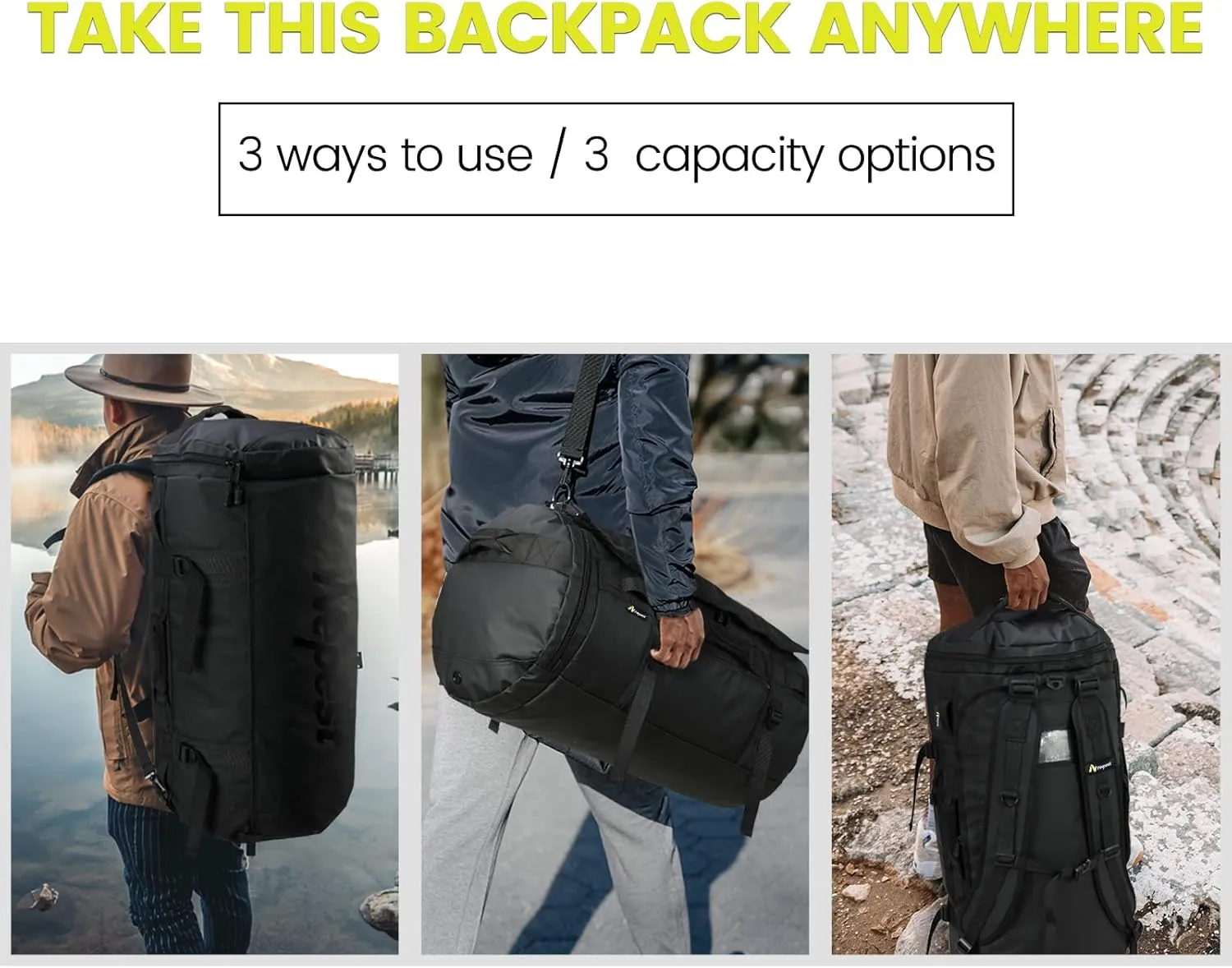 Large Duffel Backpack Bag, 3-Way Water Resistant Gym Duffle Bag with Shoe Compartment for Sports Workout Travel (Black, 60L)