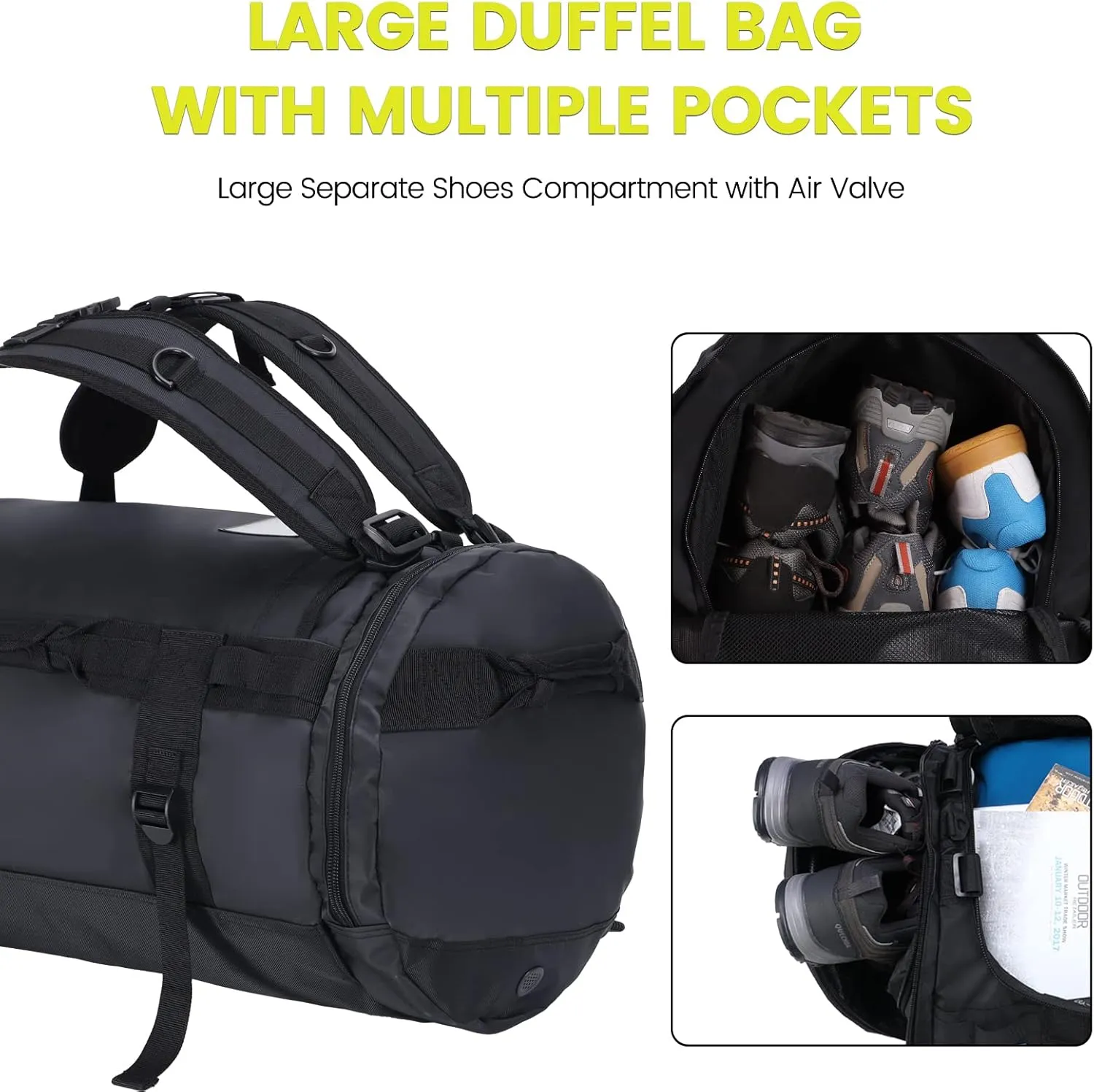 Large Duffel Backpack Bag, 3-Way Water Resistant Gym Duffle Bag with Shoe Compartment for Sports Workout Travel (Black, 60L)