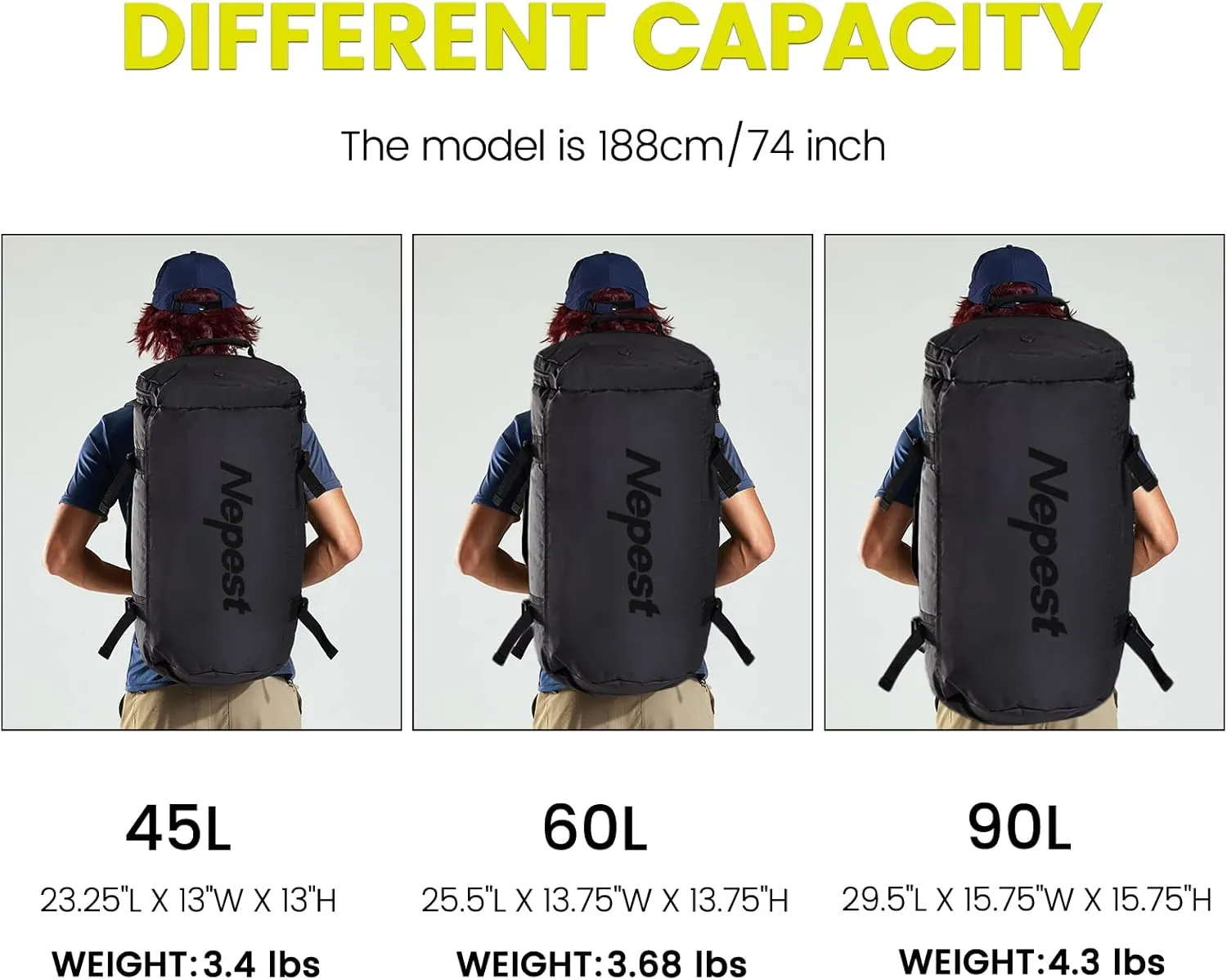 Large Duffel Backpack Bag, 3-Way Water Resistant Gym Duffle Bag with Shoe Compartment for Sports Workout Travel (Black, 60L)