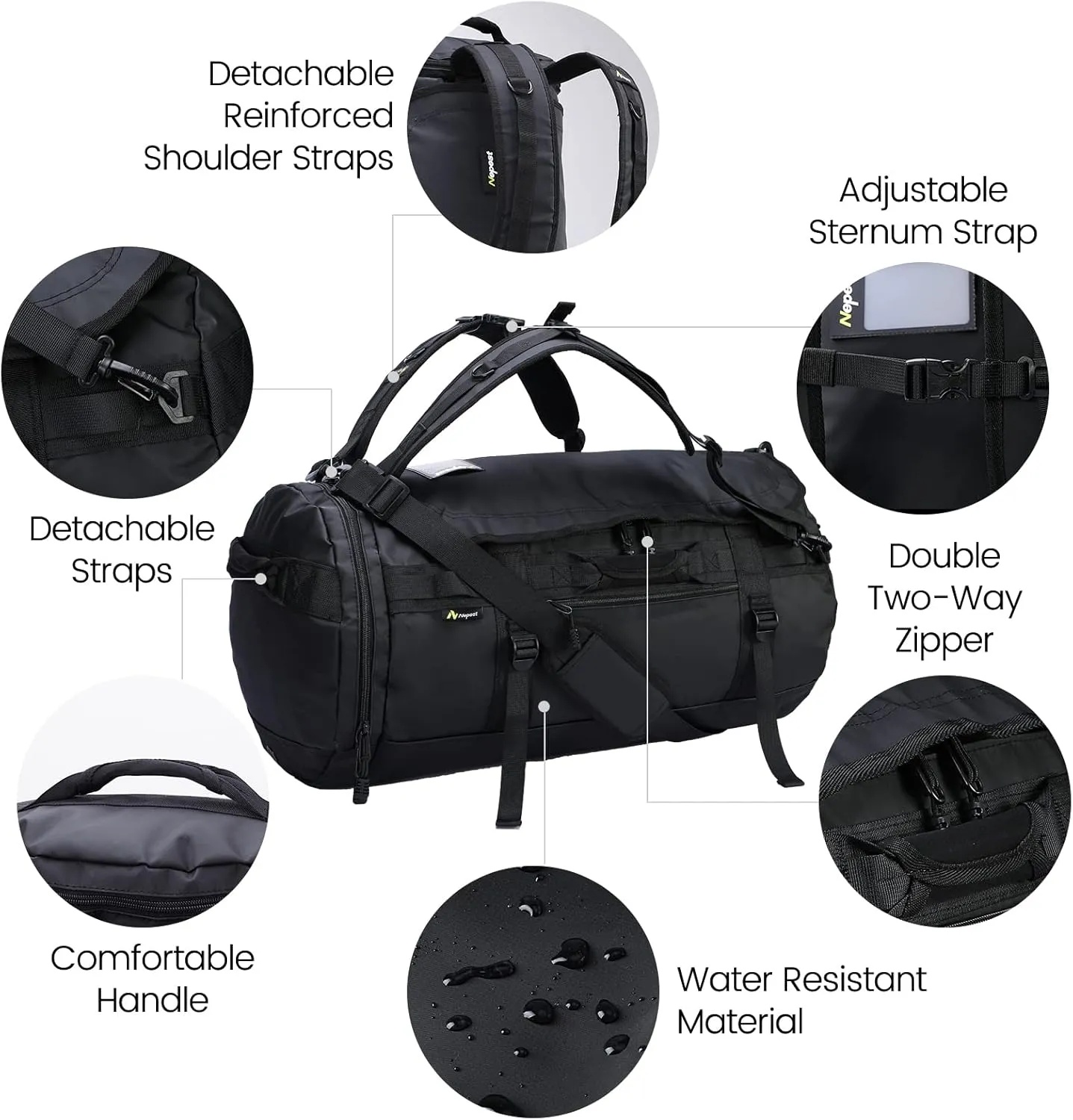 Large Duffel Backpack Bag, 3-Way Water Resistant Gym Duffle Bag with Shoe Compartment for Sports Workout Travel (Black, 60L)