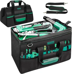Large Heavy Duty Tool Bag 17 Inch Wide Mouth Portable Tool Box Organizer Storage with 15 Pockets Shoulder Strap, Durable Soft Tool Storage Bag for Men, Workshop, Garage