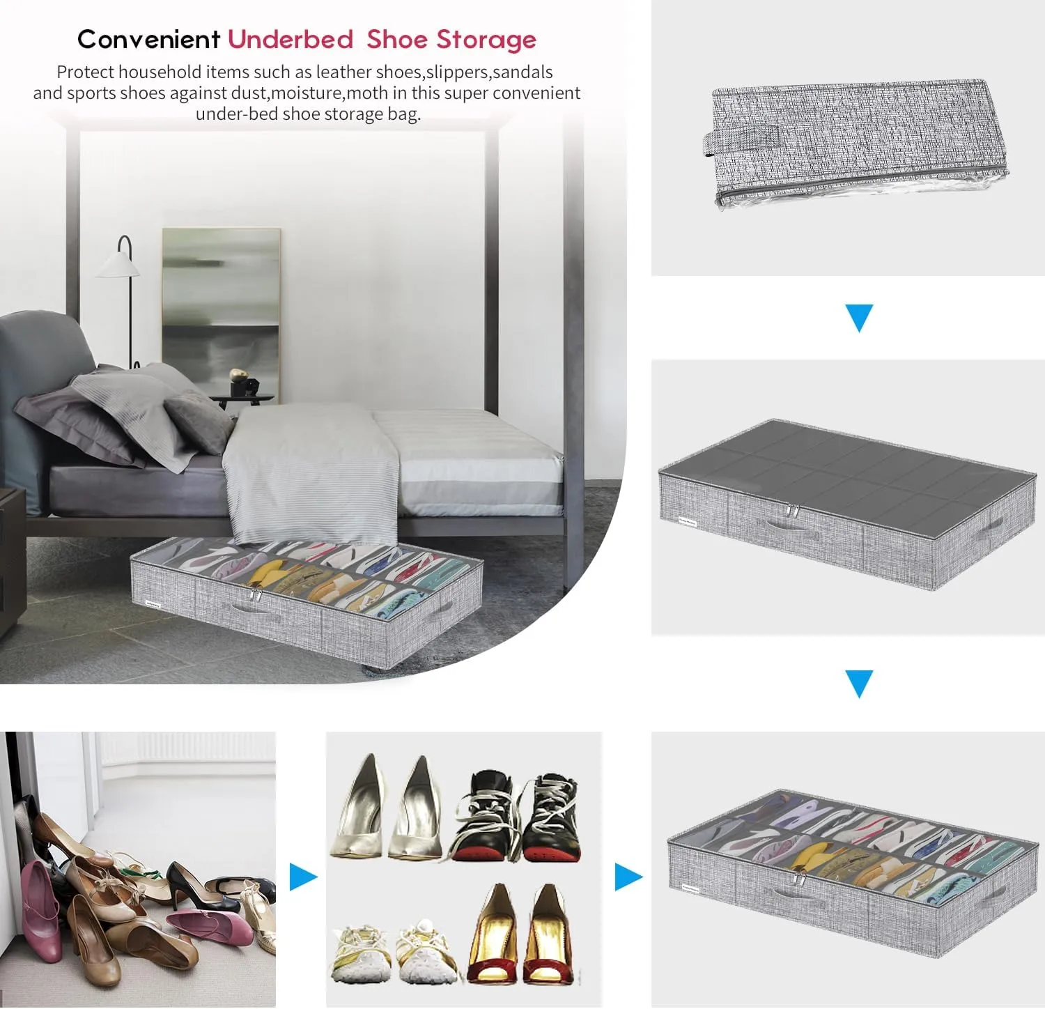 Large Shoe Storage Boxes Fit 16x2 Pairs, Shoe Organizer for Closet with Clear Cover, Space Saving Foldable Shoe Sneaker Container Bin Holder, 37.8"x23.6"x5.9", White Black, ZMXXUBS16P2