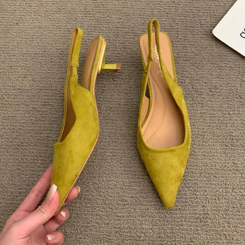LBSFY  -  2024 Spring Brown Green New Women Sandal Fashion Pointed Toe Shallow Slip On Dress Mules Shoes Thin Low Heel Slingback Sandal