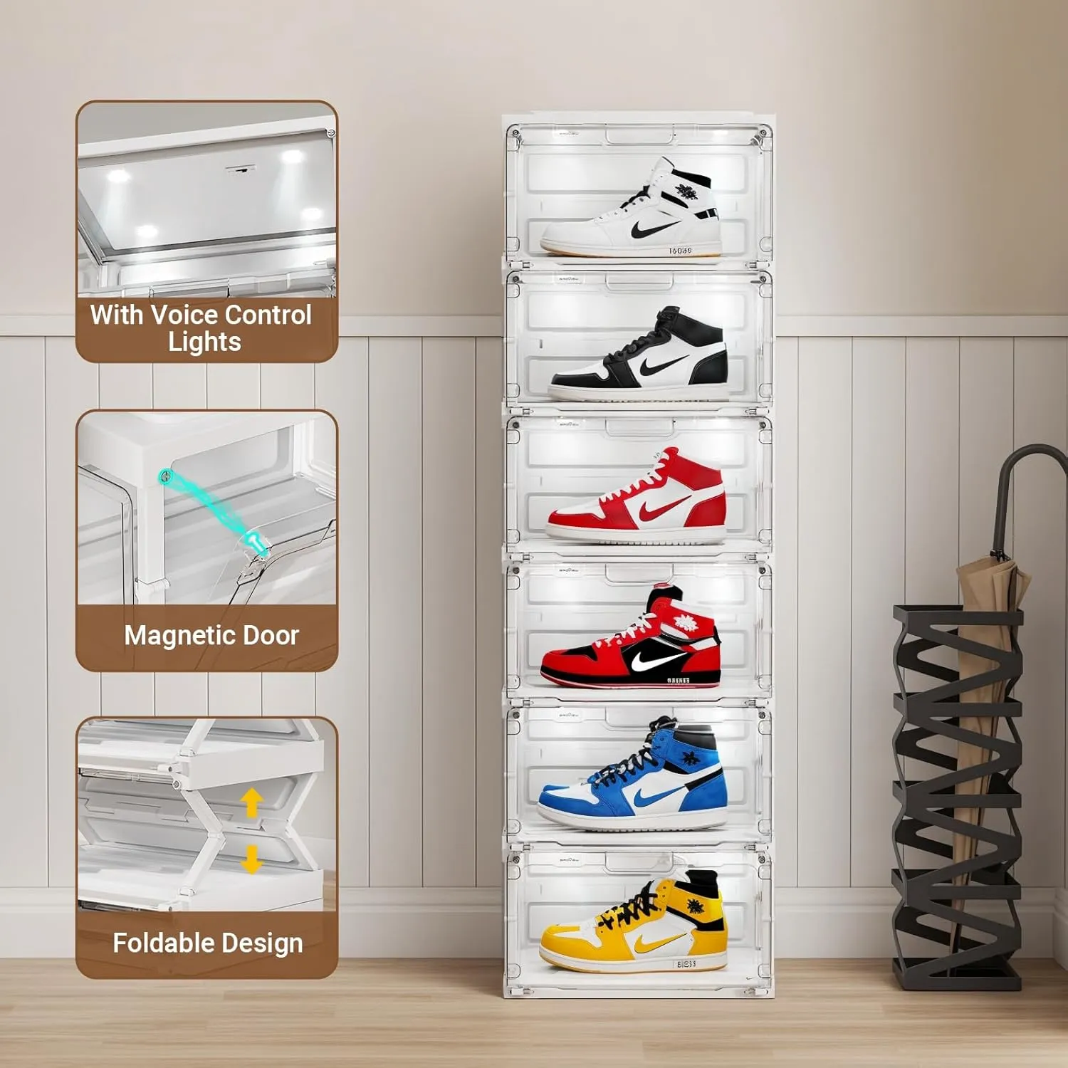 Led Shoe Boxes, Shoe Display Case with Lights, Large Clear Plastic Foldable Shoe Storage Box, Voice Activated Led Shoe Organizer Sneaker Case, Collection Crate, 2 Row 6 Tier White