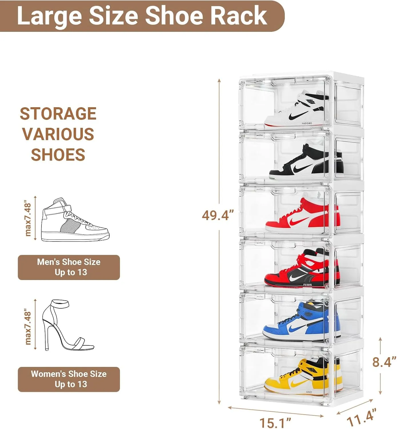 Led Shoe Boxes, Shoe Display Case with Lights, Large Clear Plastic Foldable Shoe Storage Box, Voice Activated Led Shoe Organizer Sneaker Case, Collection Crate, 2 Row 6 Tier White