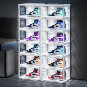 Led Shoe Boxes, Shoe Display Case with Lights, Large Clear Plastic Foldable Shoe Storage Box, Voice Activated Led Shoe Organizer Sneaker Case, Collection Crate, 2 Row 6 Tier White