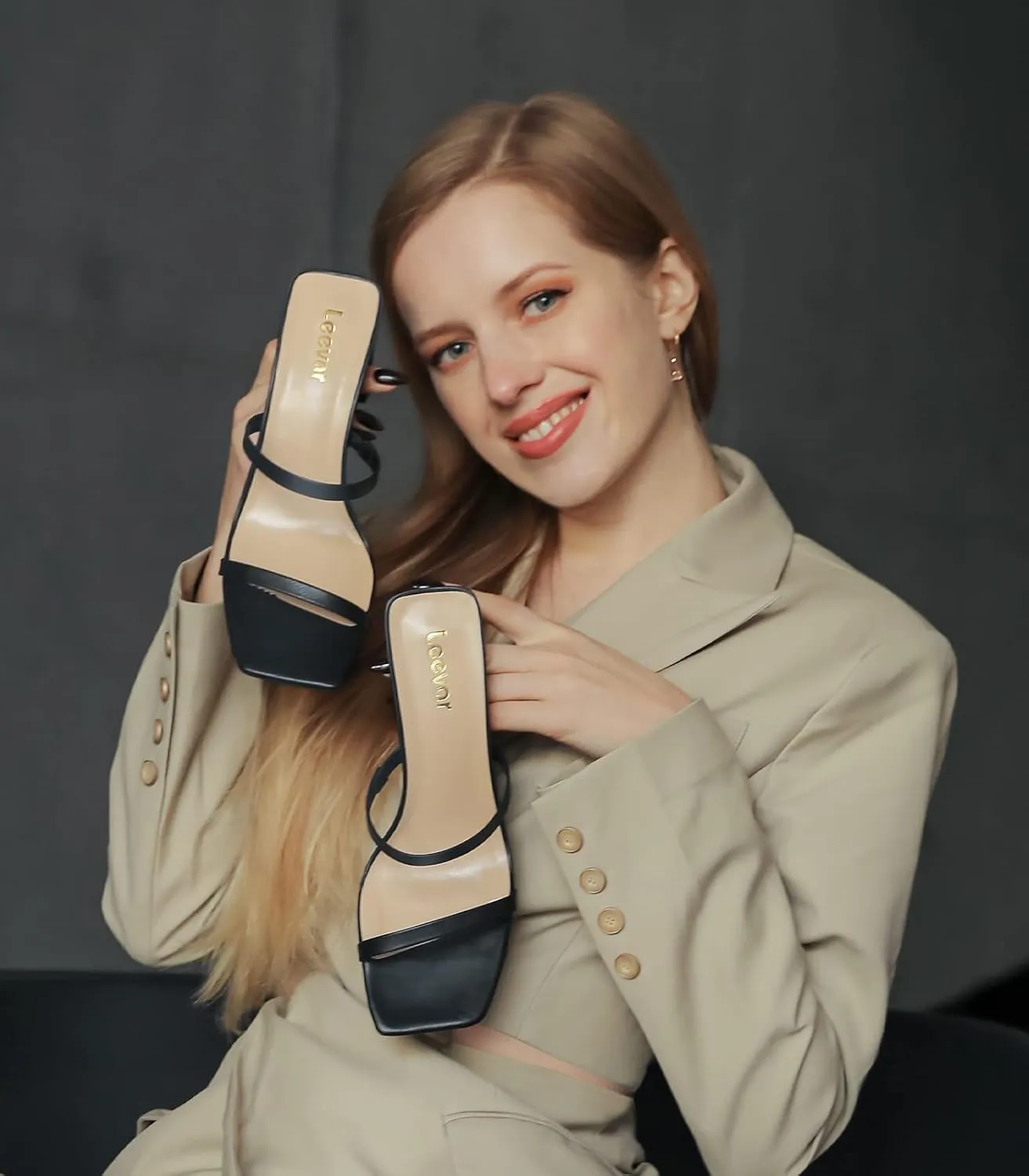 Leevar Square Toe Heels Sandals - White Black Nude Heels Chunky Two Strap Low Heels for Women Leather Mule Sandals Slip On Block Heels for Party Dating Daily Standard Size 2.75 Inch
