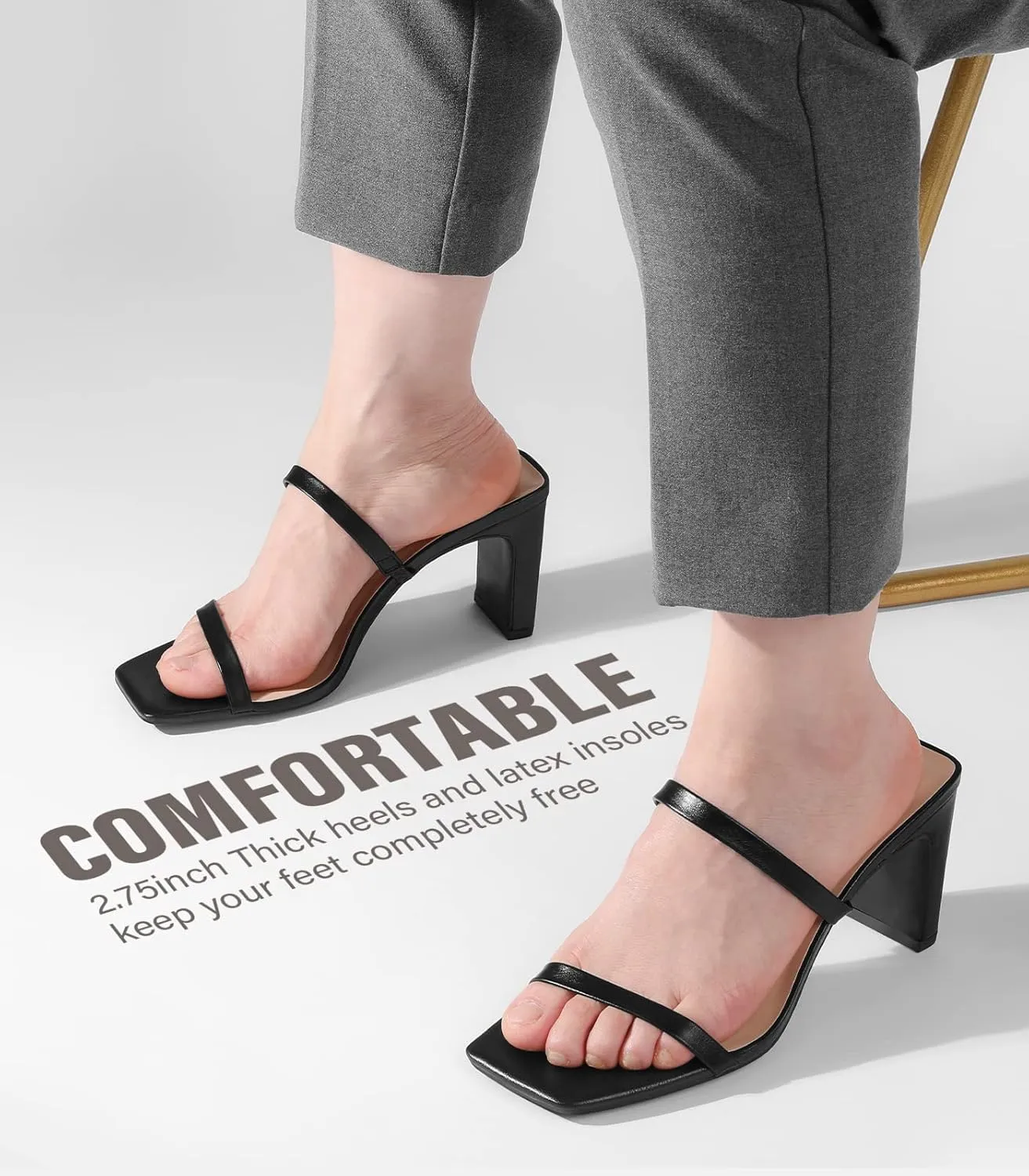 Leevar Square Toe Heels Sandals - White Black Nude Heels Chunky Two Strap Low Heels for Women Leather Mule Sandals Slip On Block Heels for Party Dating Daily Standard Size 2.75 Inch
