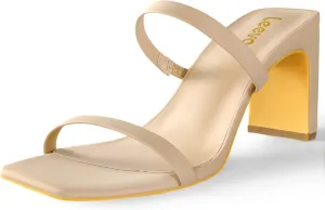 Leevar Square Toe Heels Sandals - White Black Nude Heels Chunky Two Strap Low Heels for Women Leather Mule Sandals Slip On Block Heels for Party Dating Daily Standard Size 2.75 Inch