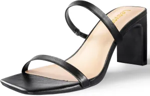 Leevar Square Toe Heels Sandals - White Black Nude Heels Chunky Two Strap Low Heels for Women Leather Mule Sandals Slip On Block Heels for Party Dating Daily Standard Size 2.75 Inch