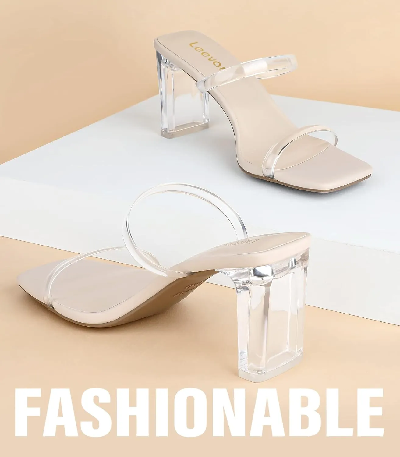 Leevar Square Toe Heels Sandals - White Black Nude Heels Chunky Two Strap Low Heels for Women Leather Mule Sandals Slip On Block Heels for Party Dating Daily Standard Size 2.75 Inch