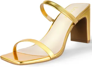 Leevar Square Toe Heels Sandals - White Black Nude Heels Chunky Two Strap Low Heels for Women Leather Mule Sandals Slip On Block Heels for Party Dating Daily Standard Size 2.75 Inch