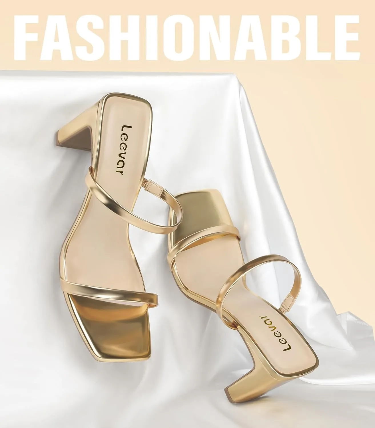 Leevar Square Toe Heels Sandals - White Black Nude Heels Chunky Two Strap Low Heels for Women Leather Mule Sandals Slip On Block Heels for Party Dating Daily Standard Size 2.75 Inch
