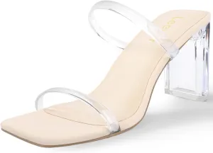 Leevar Square Toe Heels Sandals - White Black Nude Heels Chunky Two Strap Low Heels for Women Leather Mule Sandals Slip On Block Heels for Party Dating Daily Standard Size 2.75 Inch