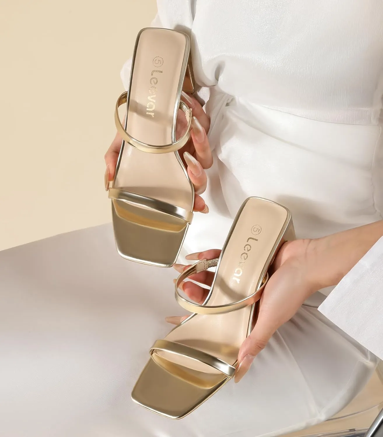 Leevar Square Toe Heels Sandals - White Black Nude Heels Chunky Two Strap Low Heels for Women Leather Mule Sandals Slip On Block Heels for Party Dating Daily Standard Size 2.75 Inch