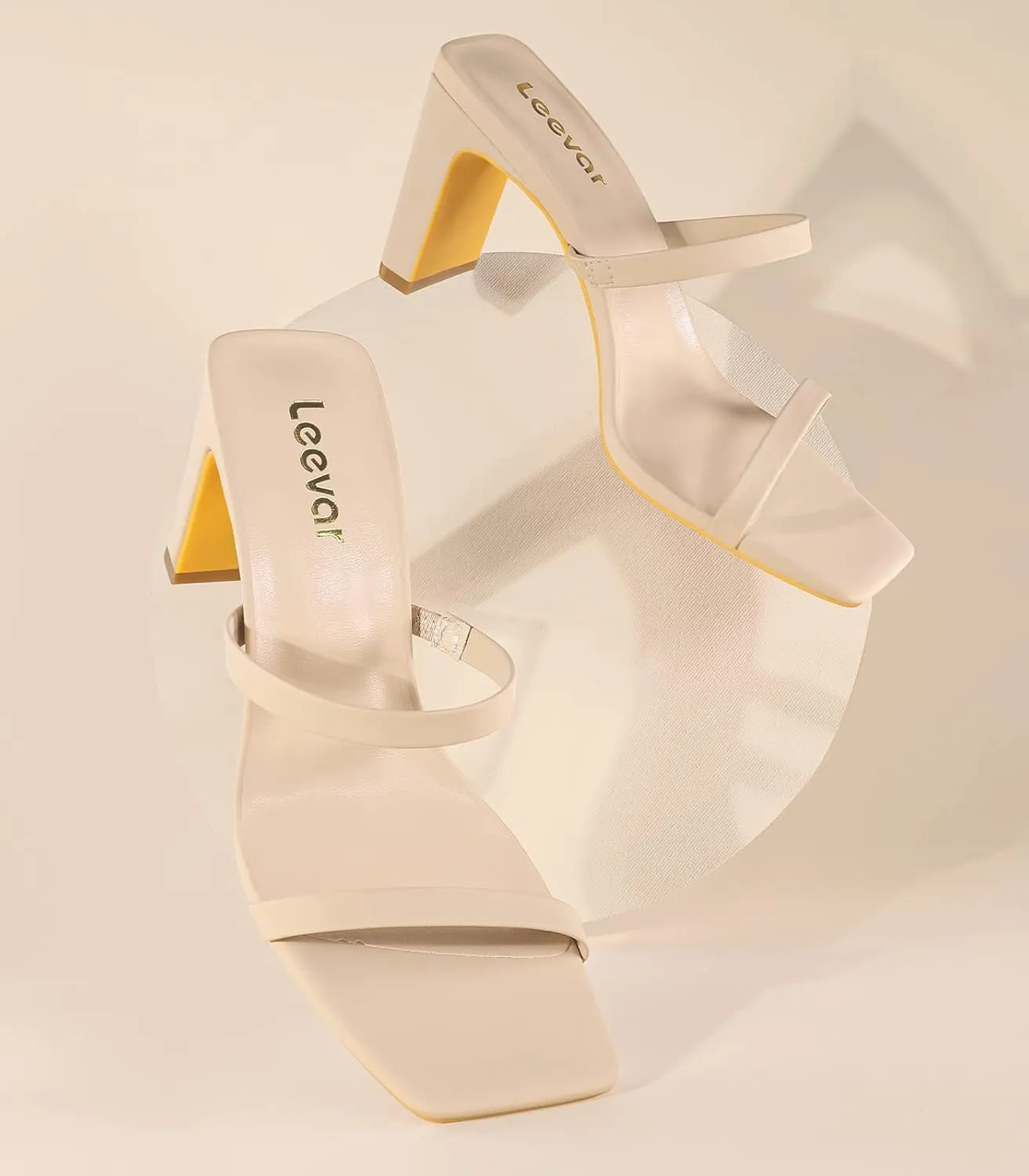 Leevar Square Toe Heels Sandals - White Black Nude Heels Chunky Two Strap Low Heels for Women Leather Mule Sandals Slip On Block Heels for Party Dating Daily Standard Size 2.75 Inch