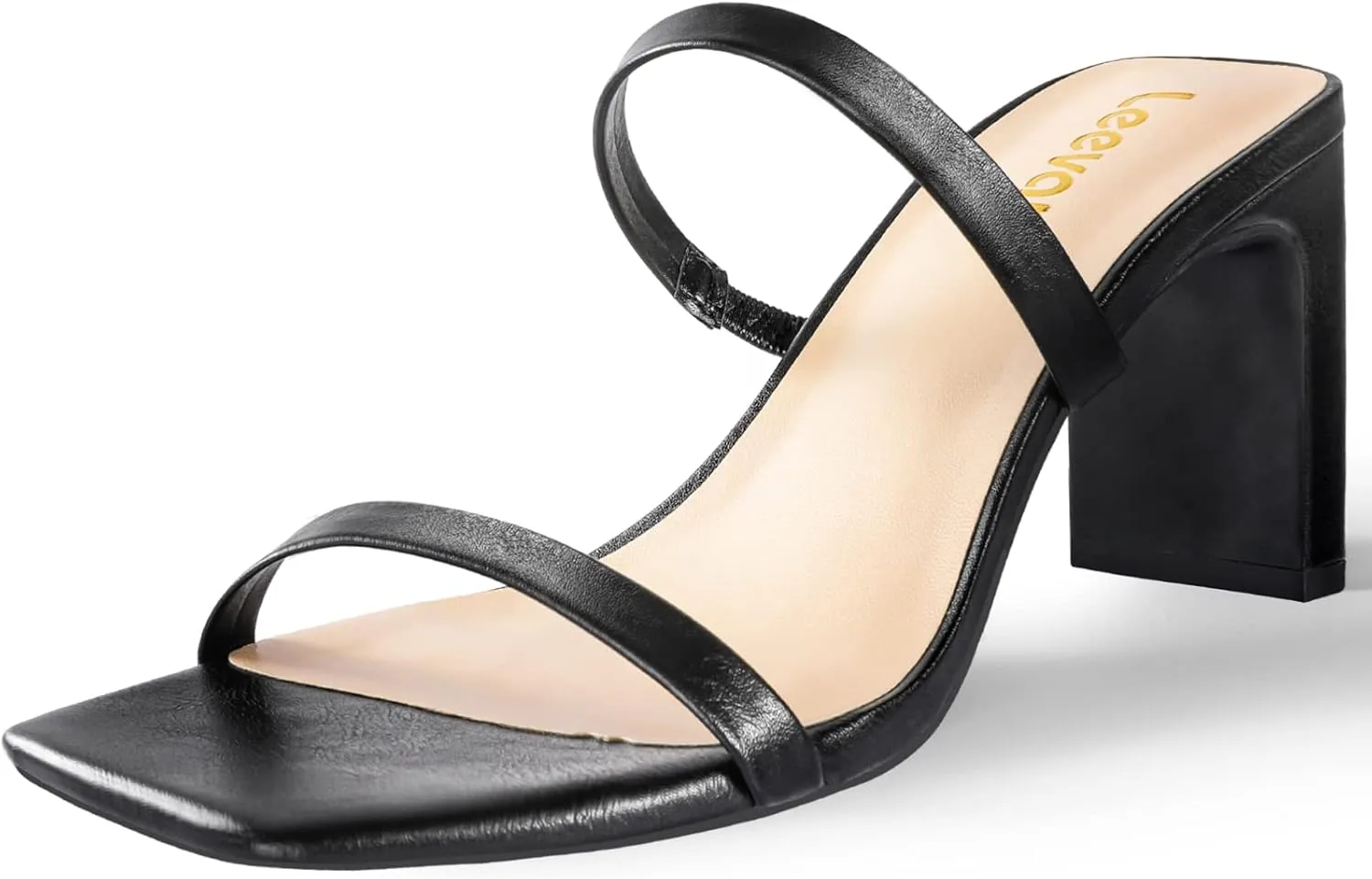 Leevar Square Toe Heels Sandals - White Black Nude Heels Chunky Two Strap Low Heels for Women Leather Mule Sandals Slip On Block Heels for Party Dating Daily Standard Size 2.75 Inch