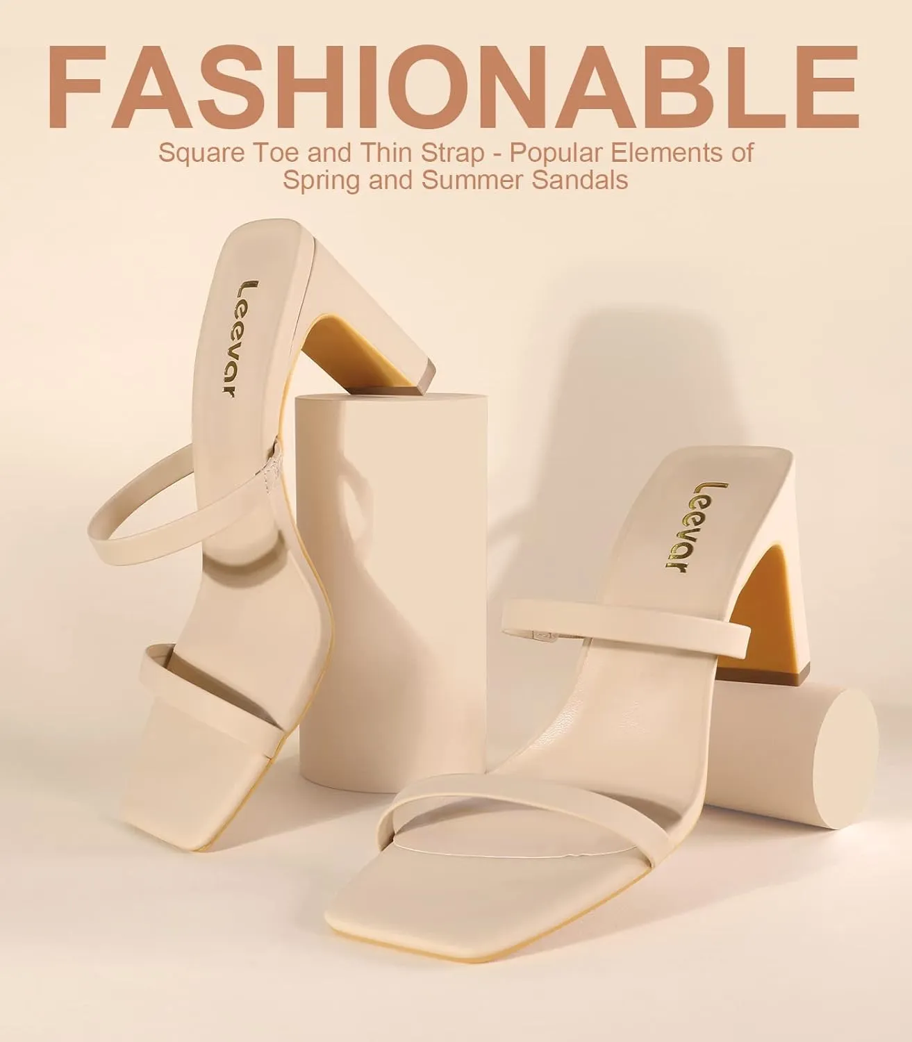 Leevar Square Toe Heels Sandals - White Black Nude Heels Chunky Two Strap Low Heels for Women Leather Mule Sandals Slip On Block Heels for Party Dating Daily Standard Size 2.75 Inch