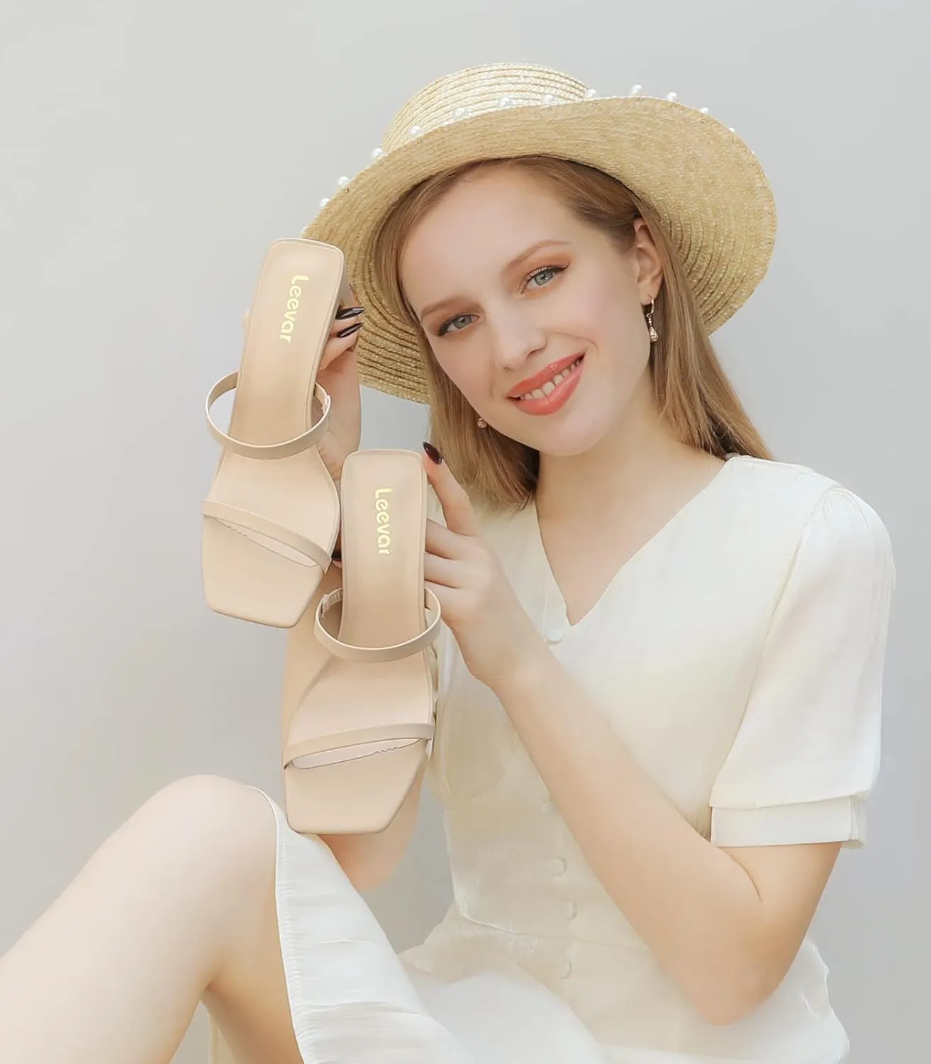 Leevar Square Toe Heels Sandals - White Black Nude Heels Chunky Two Strap Low Heels for Women Leather Mule Sandals Slip On Block Heels for Party Dating Daily Standard Size 2.75 Inch