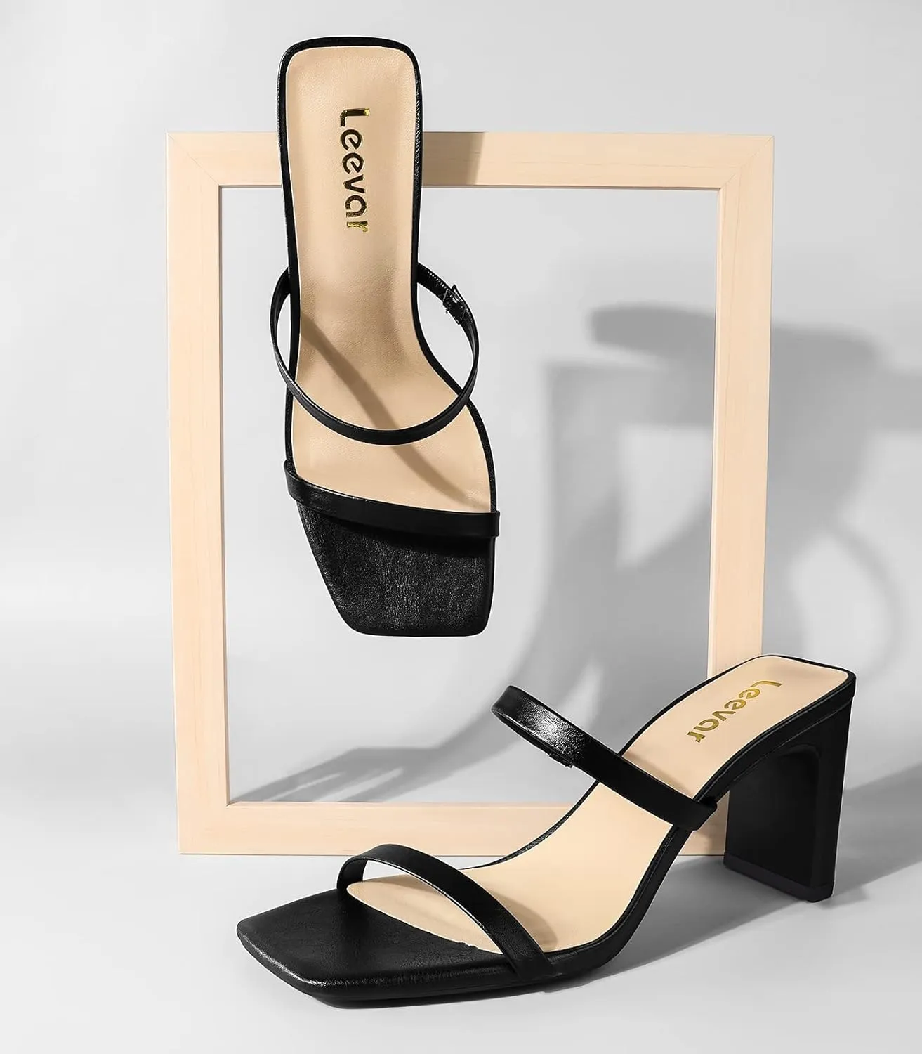 Leevar Square Toe Heels Sandals - White Black Nude Heels Chunky Two Strap Low Heels for Women Leather Mule Sandals Slip On Block Heels for Party Dating Daily Standard Size 2.75 Inch