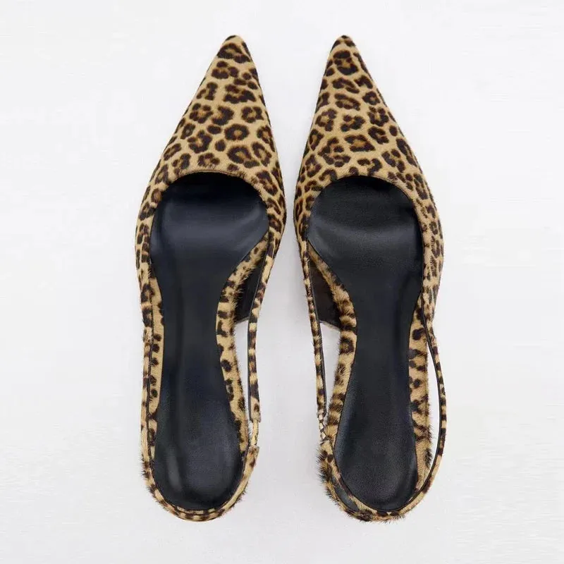 Leopard Pointed Sandal with Low and Thin Heel