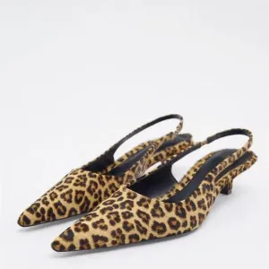 Leopard Pointed Sandal with Low and Thin Heel