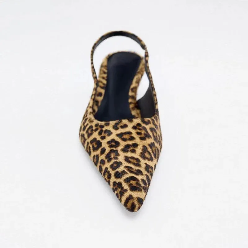 Leopard Pointed Sandal with Low and Thin Heel