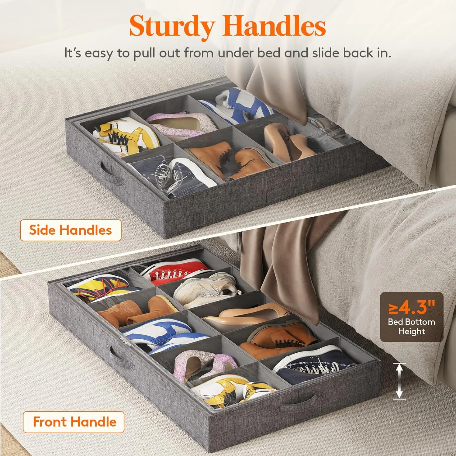Lifewit Under Bed Shoe Storage Organizer Fits 10 Pair Sneakers, 4.3 Inches Tall Sturdy Structure Ultra Thick Fabic Sneaker Storage, Foldable Underbed Shoe Boxes for Heels, Boots, Sports Shoes 2 Pack