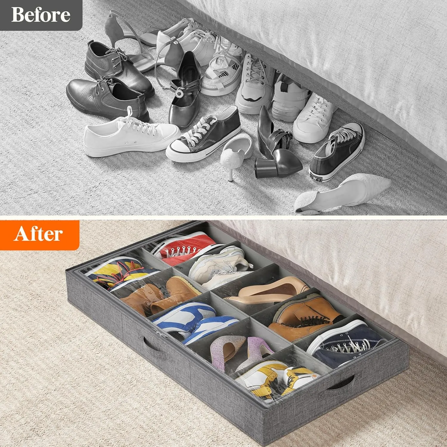 Lifewit Under Bed Shoe Storage Organizer Fits 10 Pair Sneakers, 4.3 Inches Tall Sturdy Structure Ultra Thick Fabic Sneaker Storage, Foldable Underbed Shoe Boxes for Heels, Boots, Sports Shoes 2 Pack