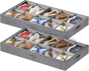 Lifewit Under Bed Shoe Storage Organizer Fits 10 Pair Sneakers, 4.3 Inches Tall Sturdy Structure Ultra Thick Fabic Sneaker Storage, Foldable Underbed Shoe Boxes for Heels, Boots, Sports Shoes 2 Pack