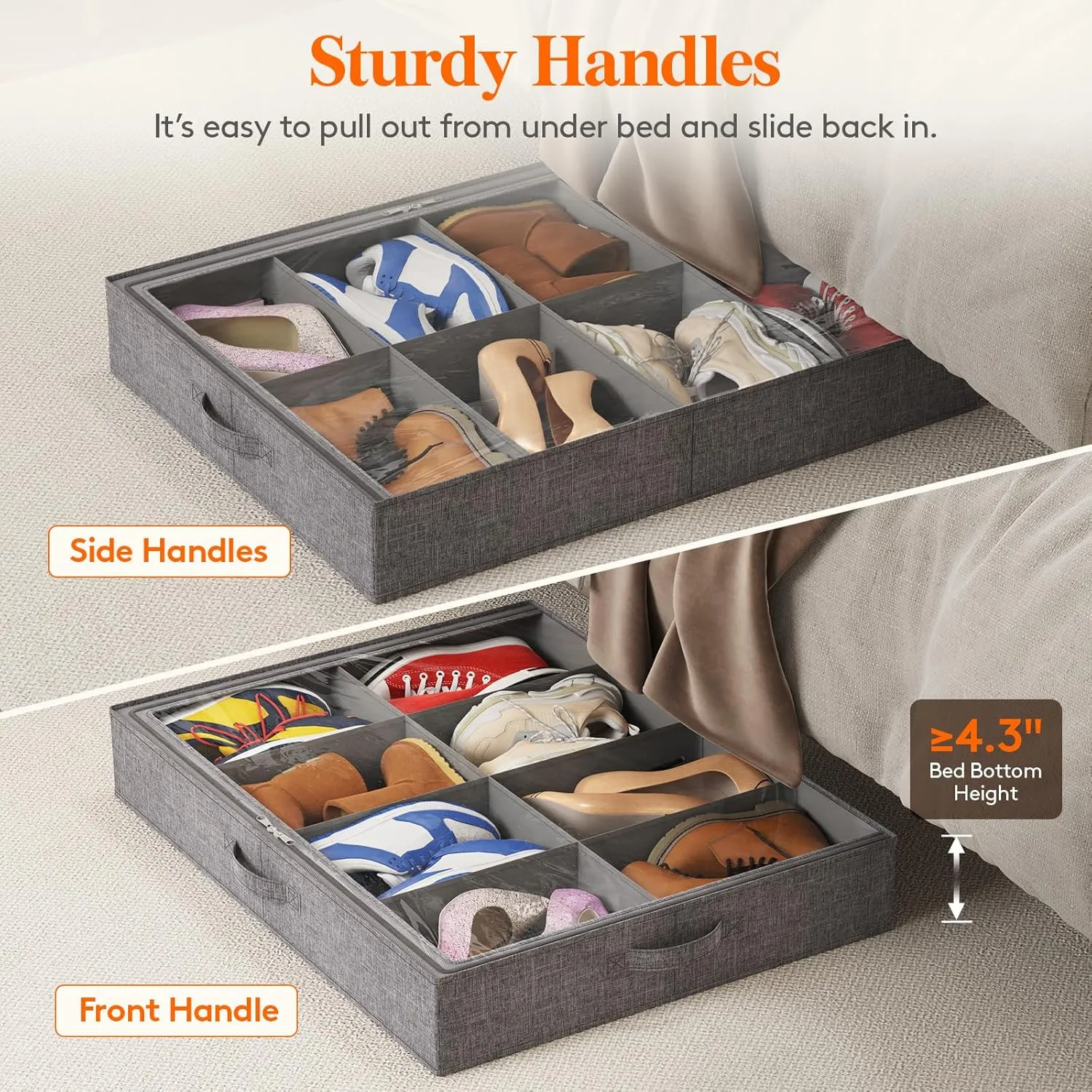 Lifewit Under Bed Shoe Storage Organizer Fits 8 Pair Sneakers, 4.3 Inches Tall Sturdy Structure Ultra Thick Fabic Sneaker Storage, Foldable Underbed Shoe Boxes for Heels, Boots, Sports Shoes 3 Pack