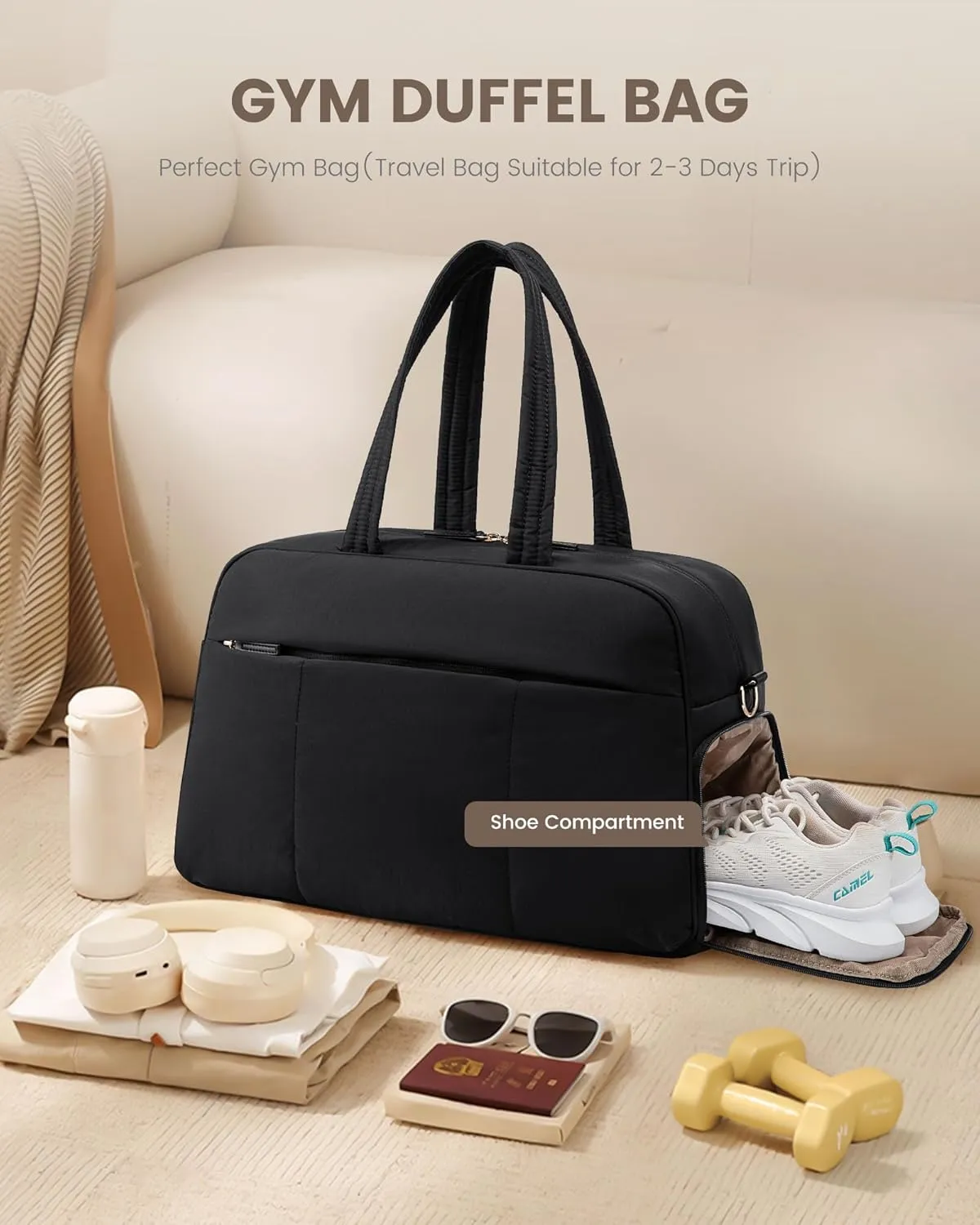 LOVEVOOK Travel Duffel, Gym Bag for Women with Shoe Compartment, Carry On Weekender with Wet Pocket, Water Resistant Puffer Bag for Sports